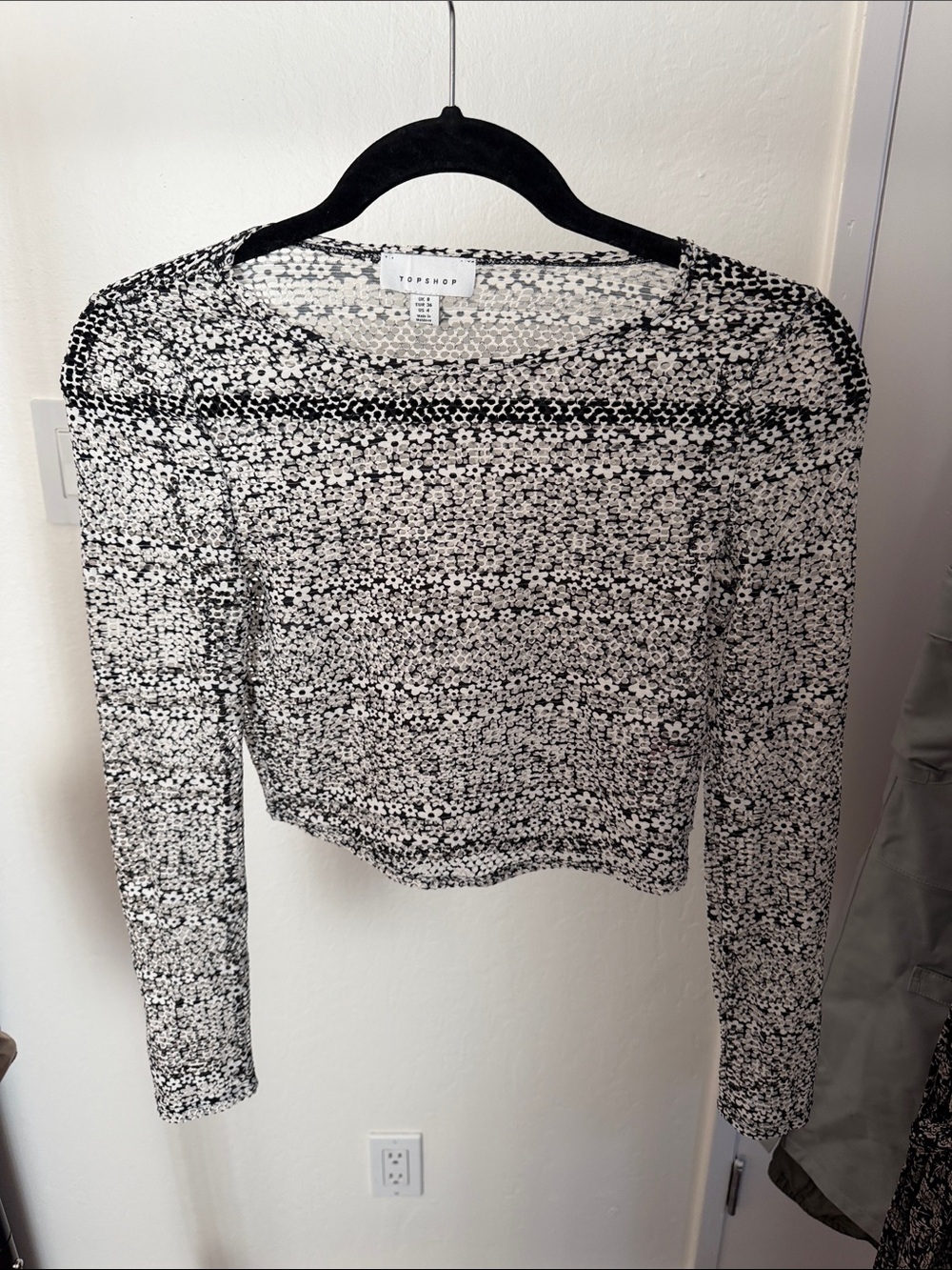 Topshop Black & White Floral Long Sleeve Mesh Crop Top